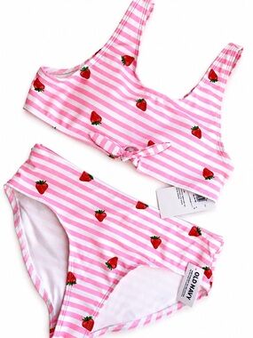 Old Navy Neon Pink & White Striped Strawberry 🍓 Swim Bikini NEW Girls XL 14-16